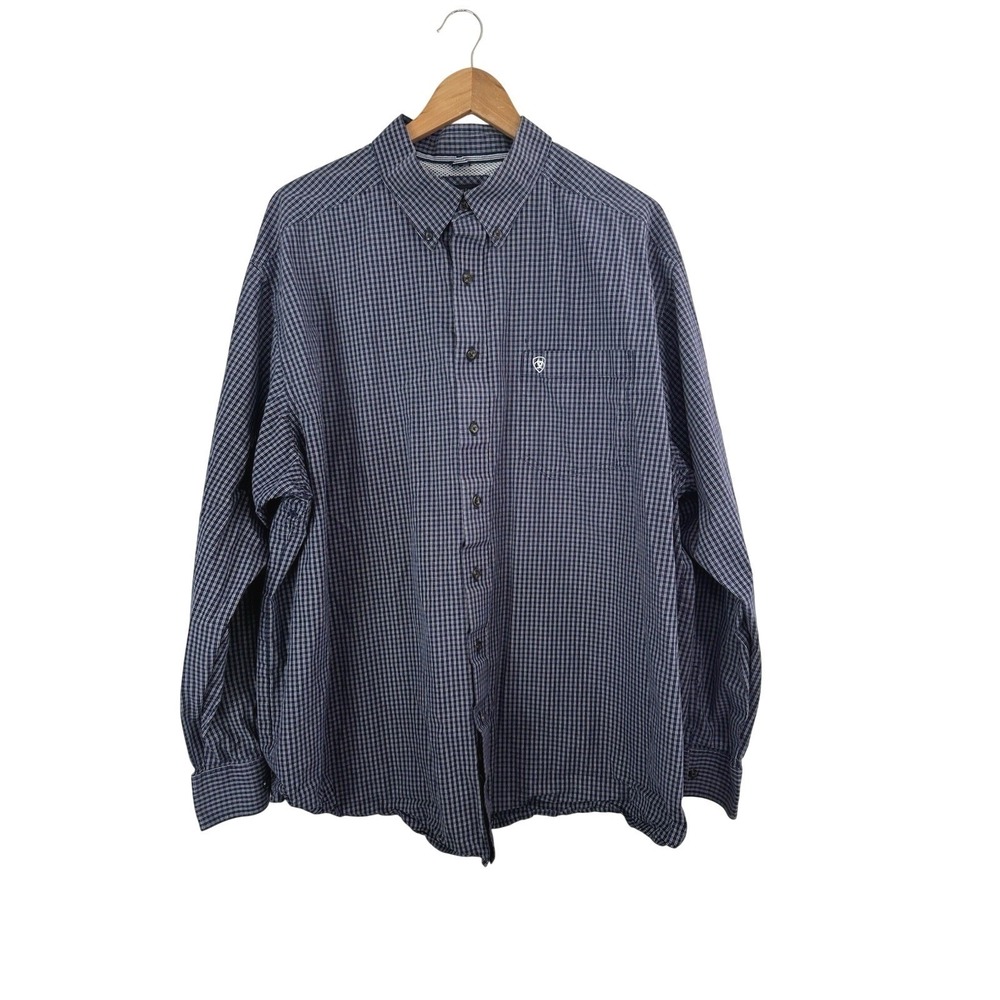 Ariat Pro Series Shirt Mens XXL Blue White Micro Check Long Sleeve Western Rodeo